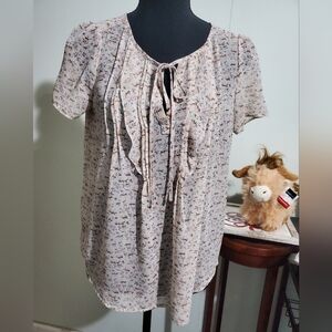 LOFT Petite Floral Pintuck Tie Neck Blouse Boho Cottagecore SP